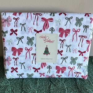 Ruby Ribbons Holiday Bow Sheet Set Red & Green Bows Queen NEW!